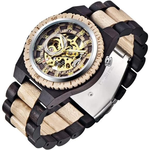 Men's Wooden Watch Skeleton Automatic Movement Wood Watch Self-Winding Watches - Picture 2 of 7